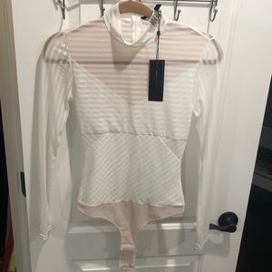 BCBGMaxAzria. XS. White bodysuit. Mesh w/ stripes. Zipper back and clasp bottom